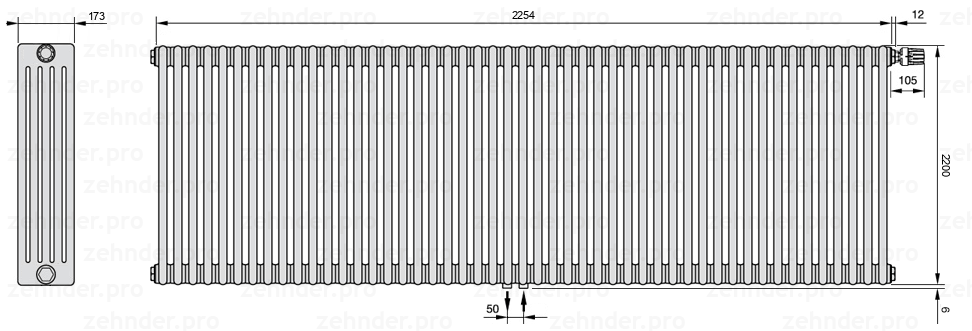 Схема (чертеж) Радиатор Zehnder Charleston 5220/49 №V008 Белый глянцевый RAL 9016